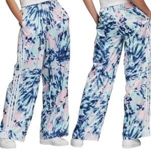 Adidas satin wide leg pants in tie dye print with three strips on sides NWOT
